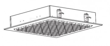 Потолочный светильник с диагональным расположением отражателей, под углом 45° относительно корпуса светильника. Размер: 595 x 595 x 122 мм. (Основное применение: ВКС)